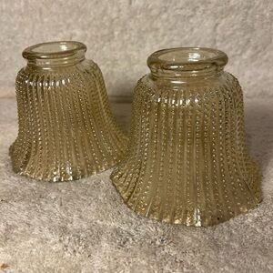 2 - Vtg 4" Iridescent Honey Amber Beaded Glass Hobnail Lamp Shades For 2" Fitter